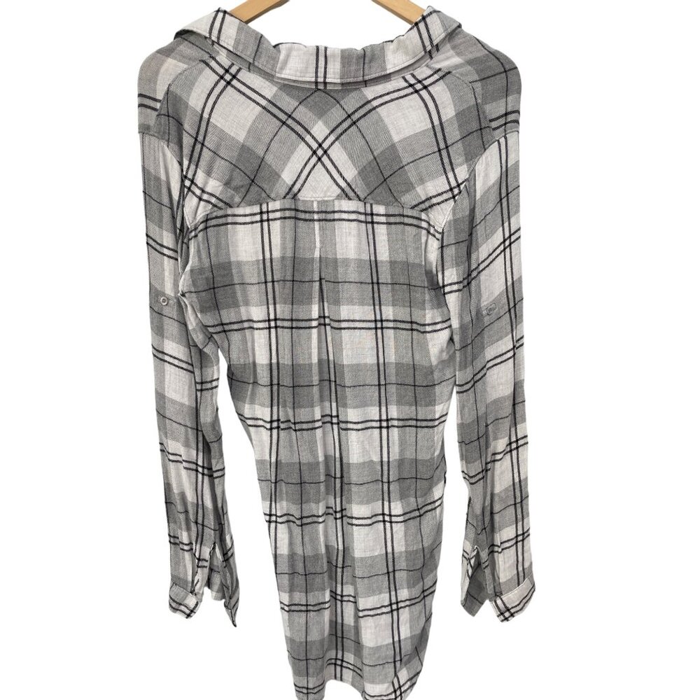 Cloth & Stone Plaid Button Front Tunic Shirt Womens S Gray White Rayon Academia